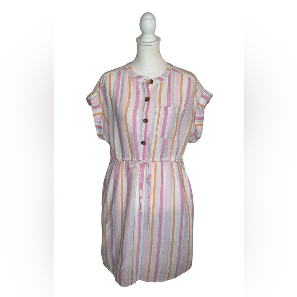 Time and Tru EUC Linen Blend Pastel Striped Drawstring Dress Sz L Cottagecore